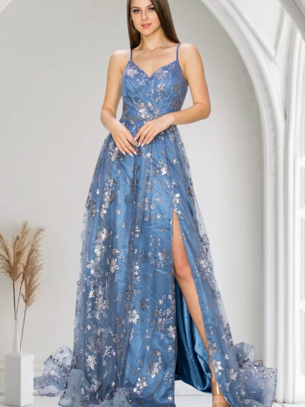 NEW DUSTY BLUE Lace & Sequin V-Neck Evening Gown Floor Length With Slit 8022J